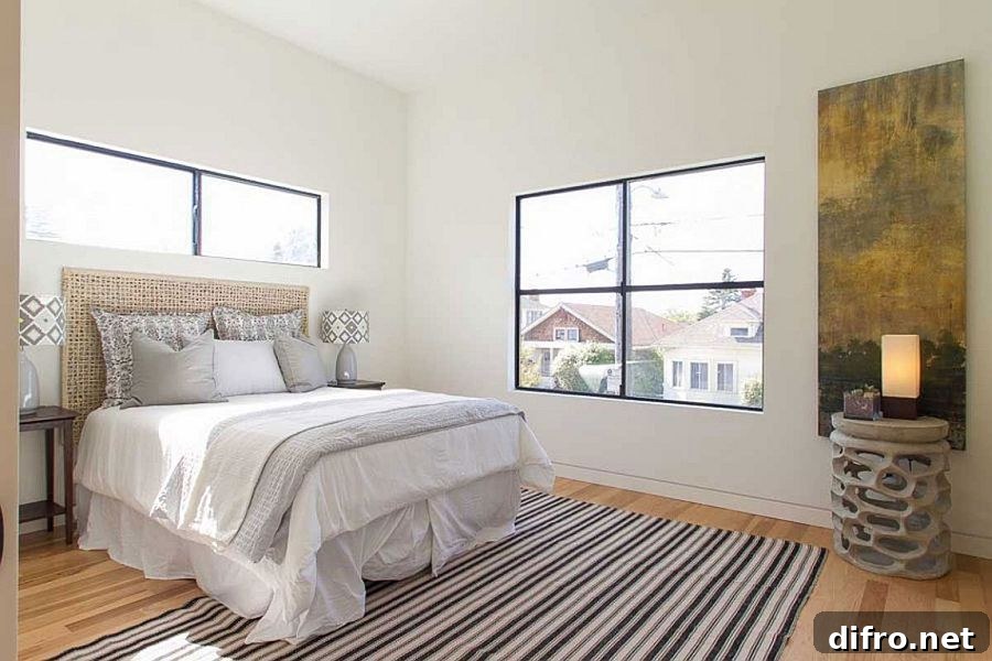 Bedroom in white with a striped rug