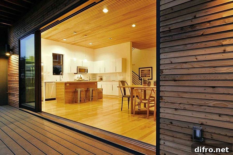 Lower level living area is connecetd with the large wooden deck outside
