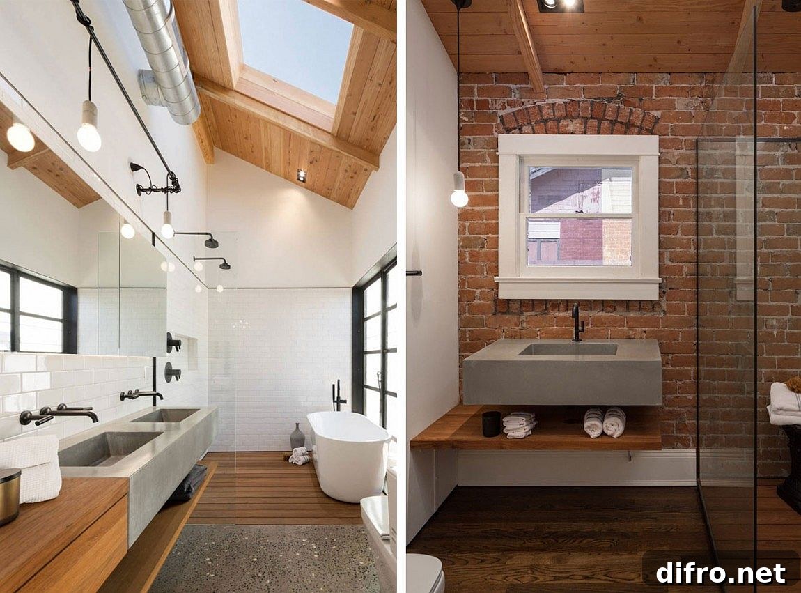 Bathroom with exposed brick wall and skylight