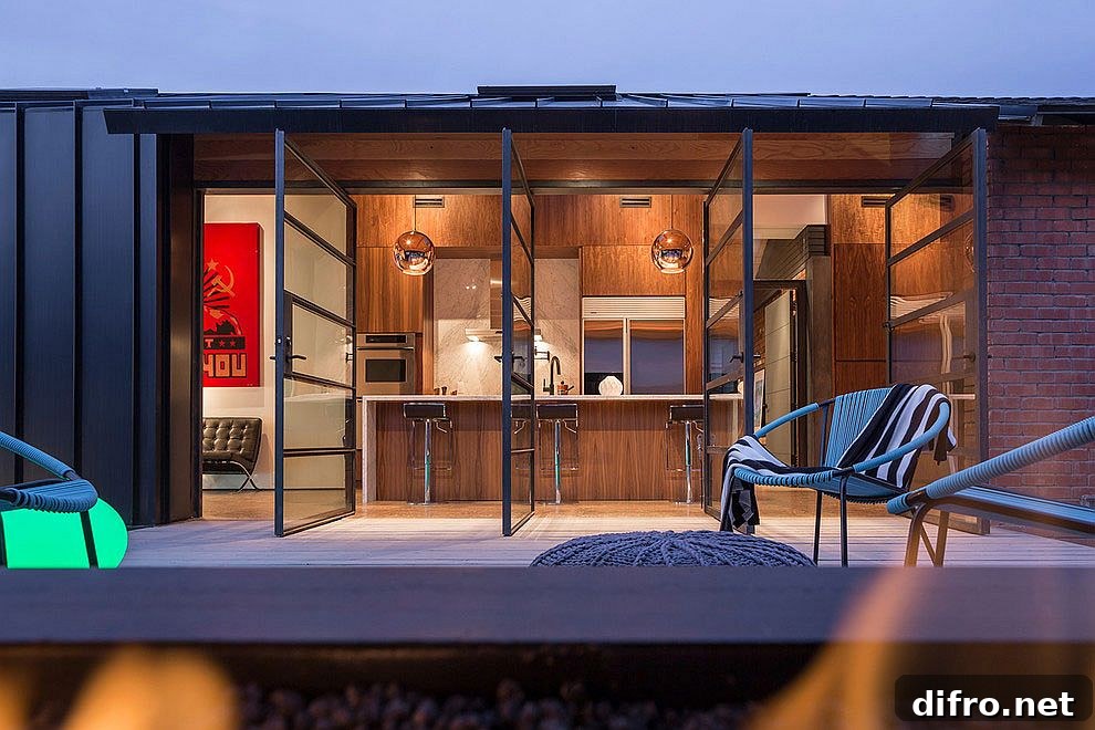 Metallic pendants add to the appeal of the kitchen