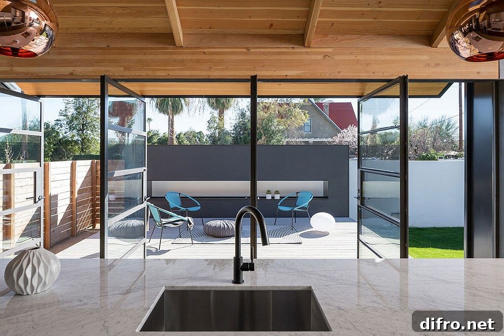 View of the revamped backyard and deck from the spacious glass and metal extension