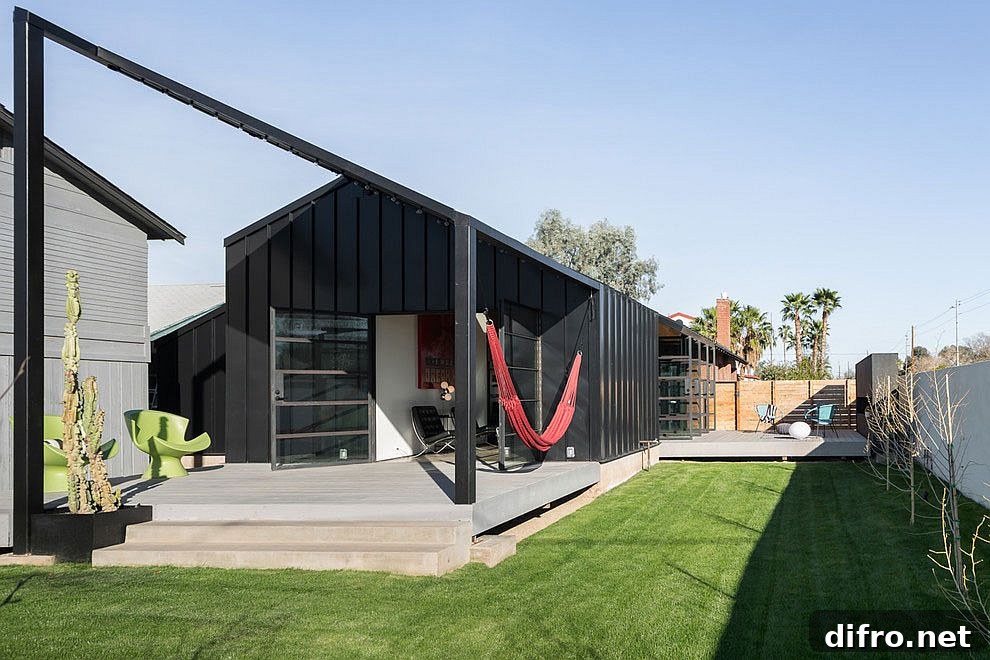 Shipping container styled extension in the rear of Arizona home