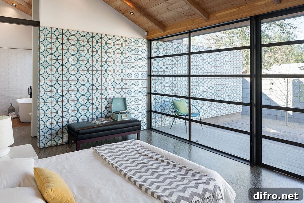 Master bedroom and bathroom connected with the private courtyard outside