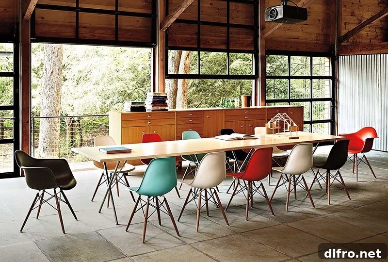 Colorful Eames moulded plastic chairs