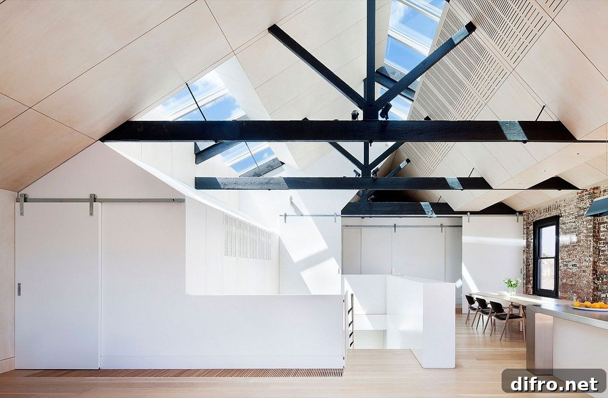 Skylights bring in sunlight to the top level of the house