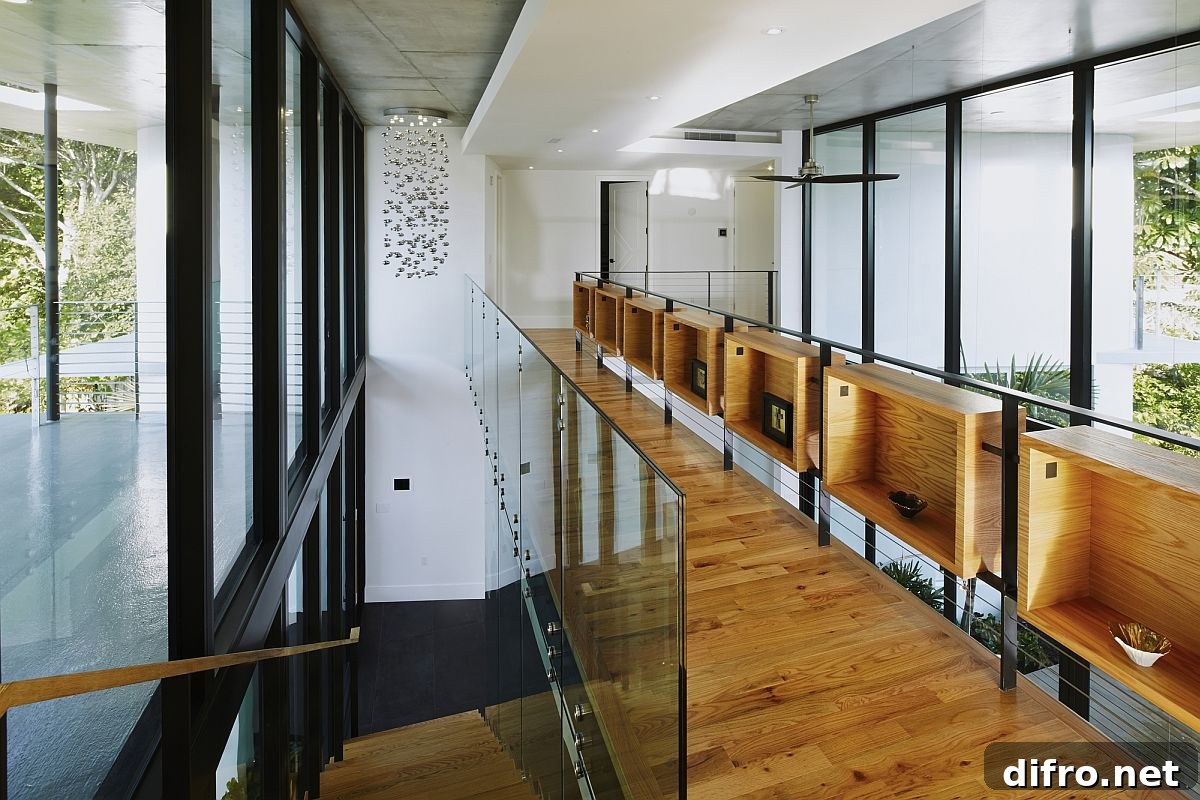 Walkway and nifty wooden display units on the top level