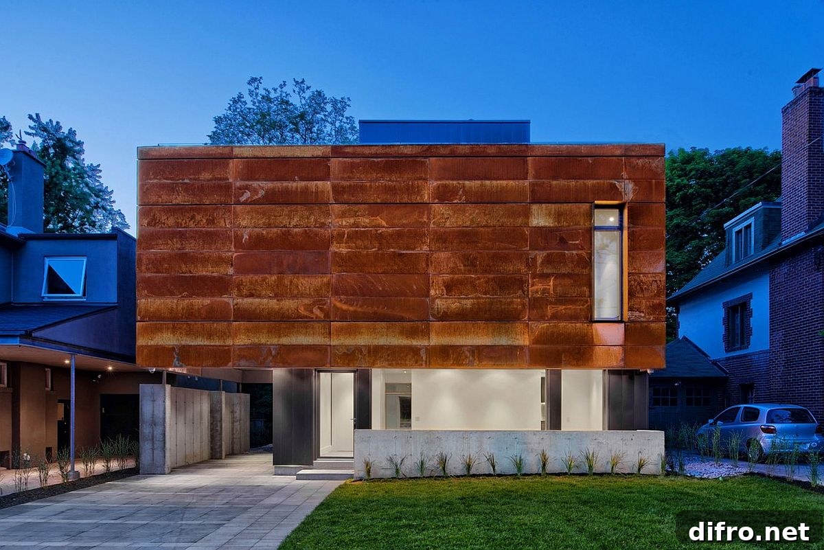 Fabulous Cor-Ten face of the house comes alive after sunset