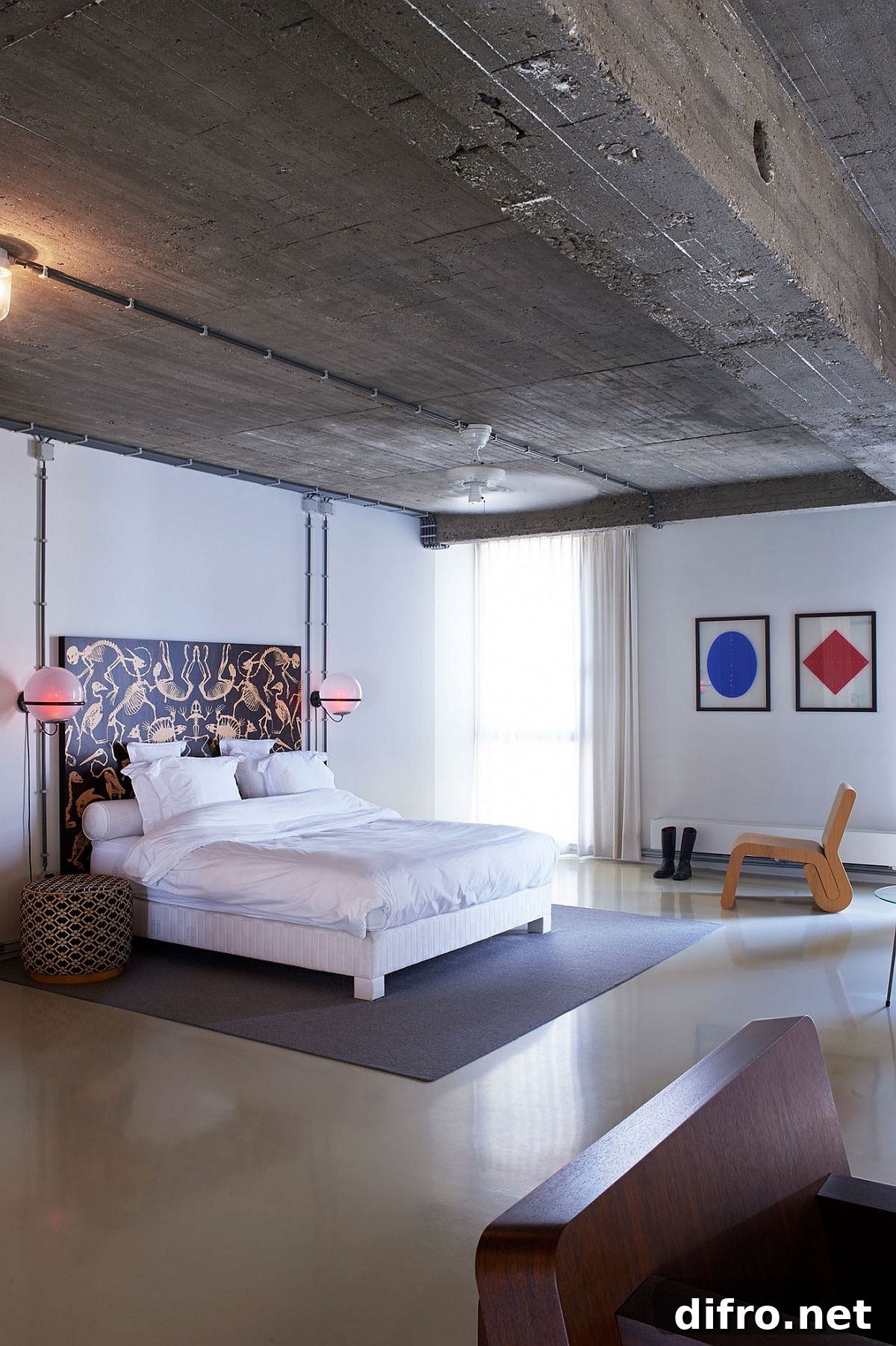 Contemporary bedroom in white with fabulous bedside lighting