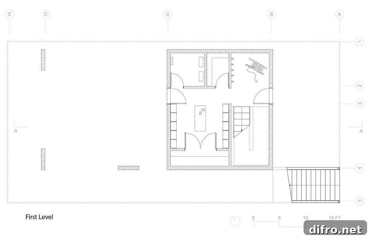Floor plan of the lowest level of the modern cabin in Norden, California