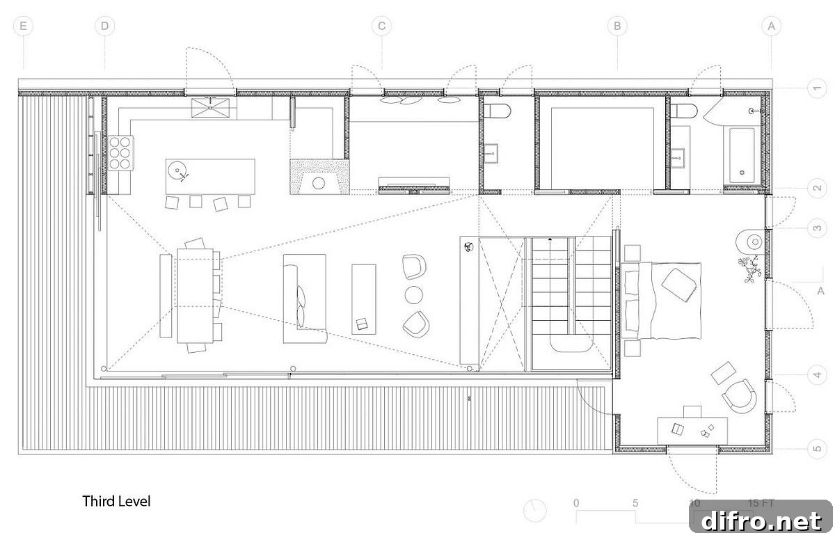 Top level floor plan with open living area and balcony