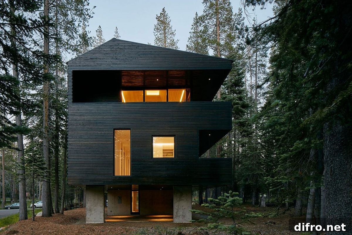 Dense forest and a private stream surround the exquisite modern cabin in the Sugar Bowl Ski Resort