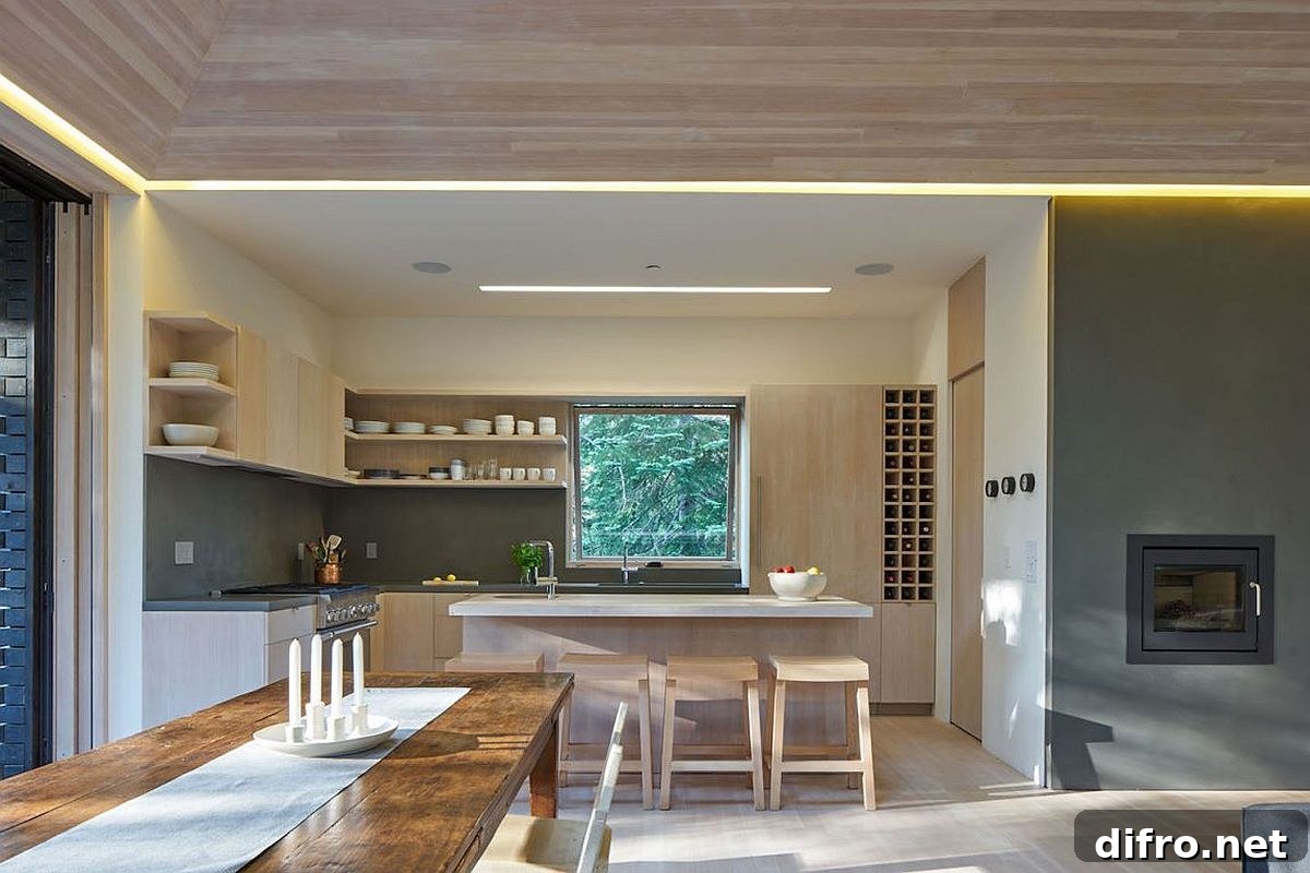 Minimally treated fir and concrete shape the interior of the modern cabin in the Sugar Bowl Ski Resort