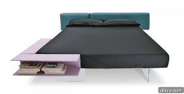 Letto New Air floating bed with book storage, side view