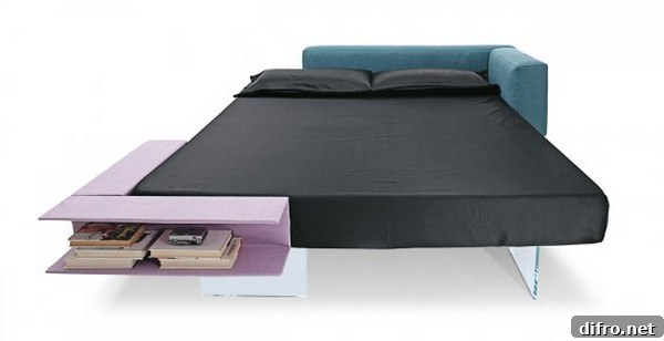 Letto New Air floating bed with integrated shelving, detail