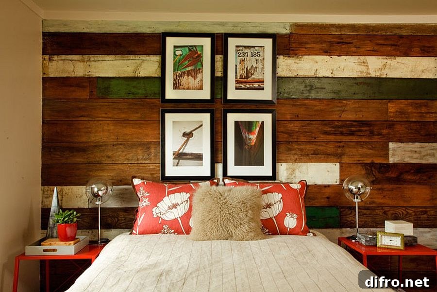Gorgeous beach style bedroom with a unique reclaimed wood accent wall [Design: Garrison Hullinger Interior Design]