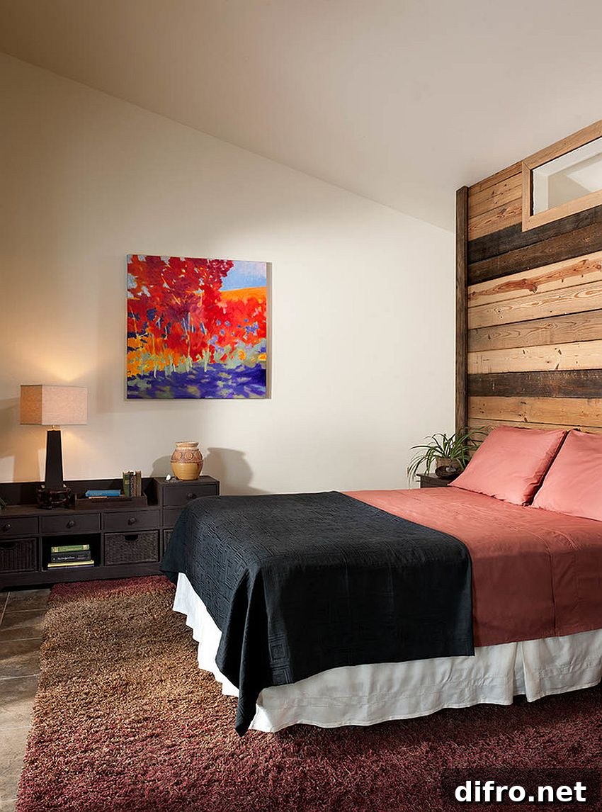Modern rustic bedroom with reclaimed wood accent wall [Design: Mindful Designs]