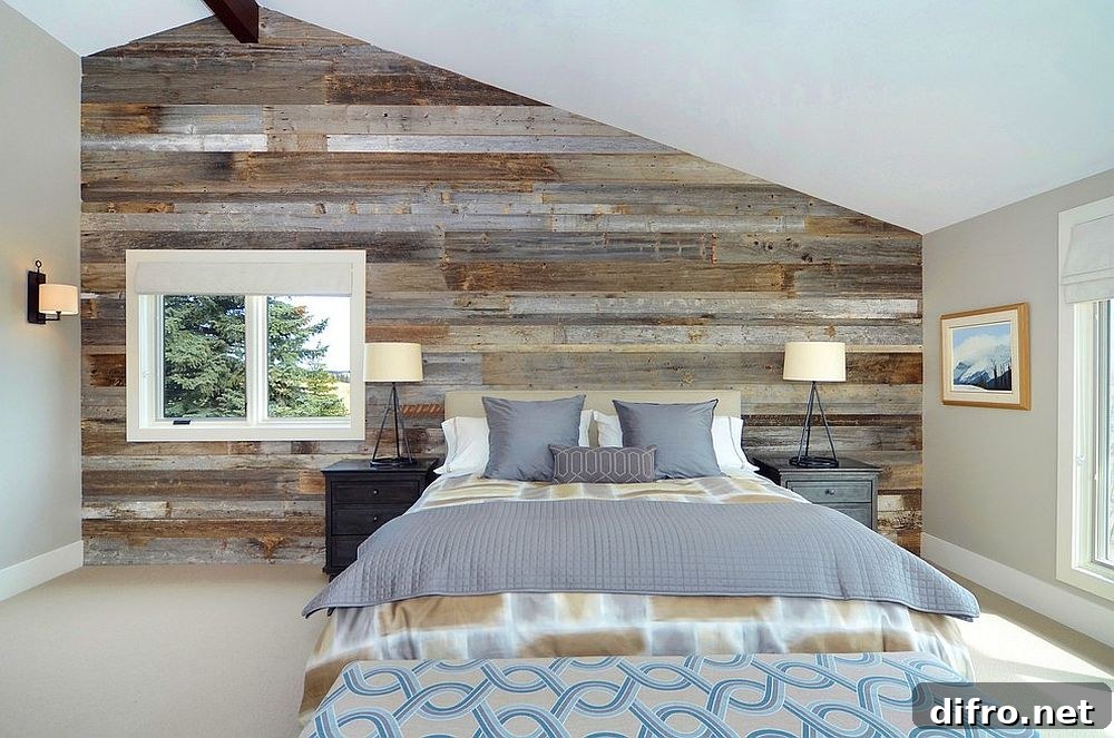 Serene and stylish contemporary bedroom with a wood accent wall [Design: Bruce Johnson & Associates Interior Design]