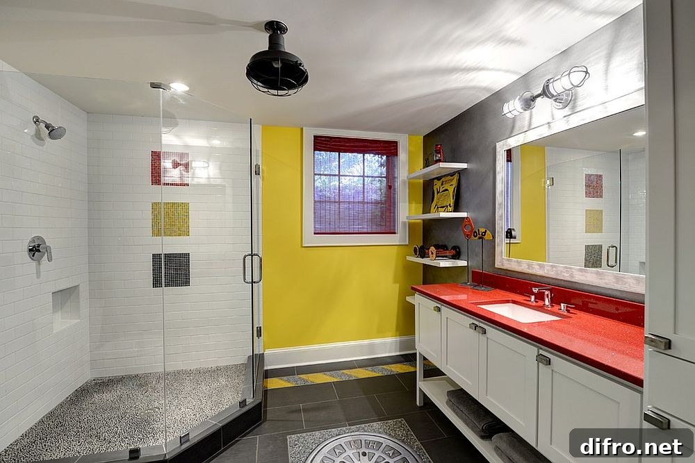 Eclectic bathroom in gray and yellow [Design: The Consulting House]