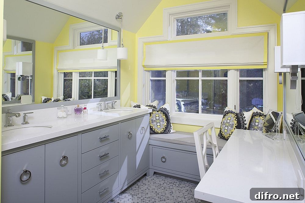 Exquisite bathroom in bluish gray and yellow [Design: Artistic Designs for Living, Tineke Triggs]