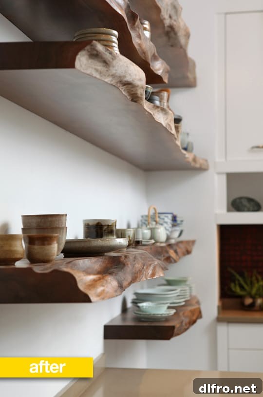 Floating Shelf Ideas to Style Your Living Room 8 Rustic wooden floating shelves used to hold dish-ware.