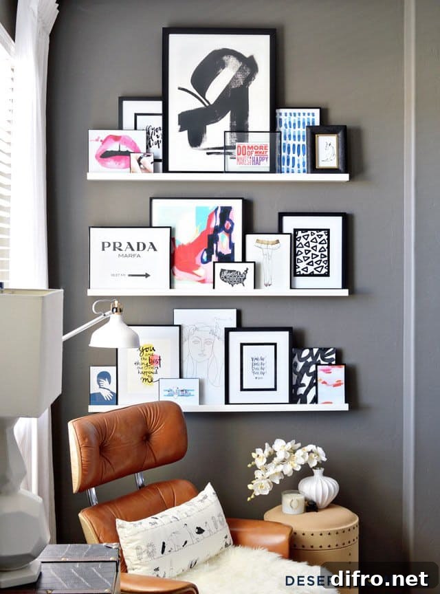 Floating Shelf Ideas to Style Your Living Room 7 A leather chair flanked by three white floating shelves displaying art pieces.