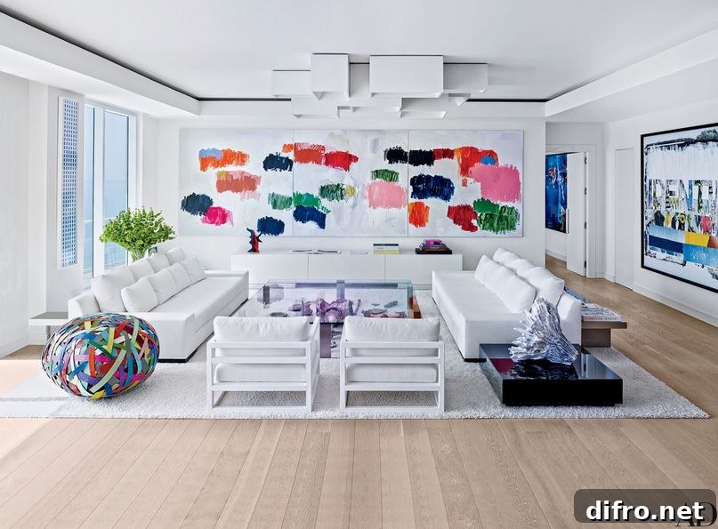 Artsy living room with a gallery displaying modern art on the walls.