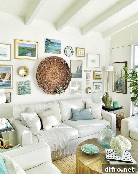 Living room gallery with a larger circular art piece and framed pictures.