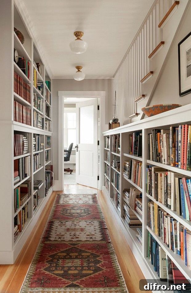 A long hallway lined with tall bookshelves and a central rug.