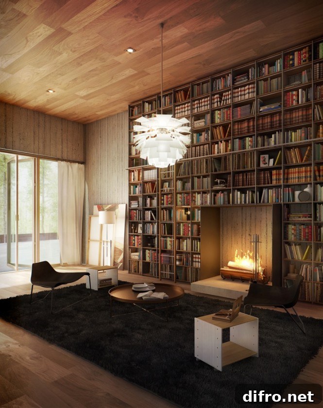 Bookshelves flanking a fireplace filled with books.