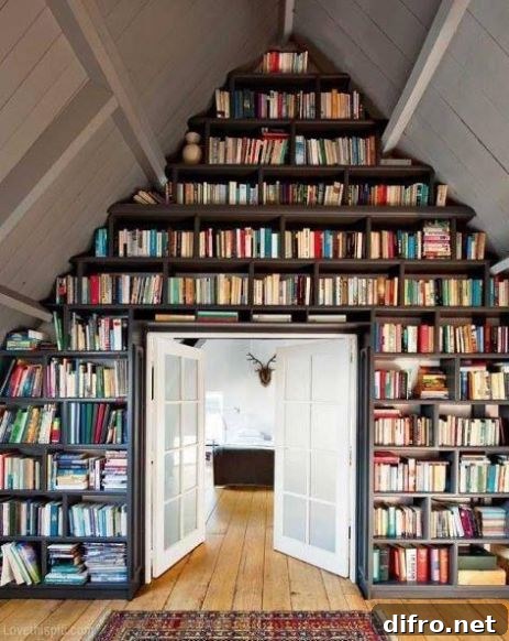 A-frame home with double doors surrounded by full-height shelving above the doorway.