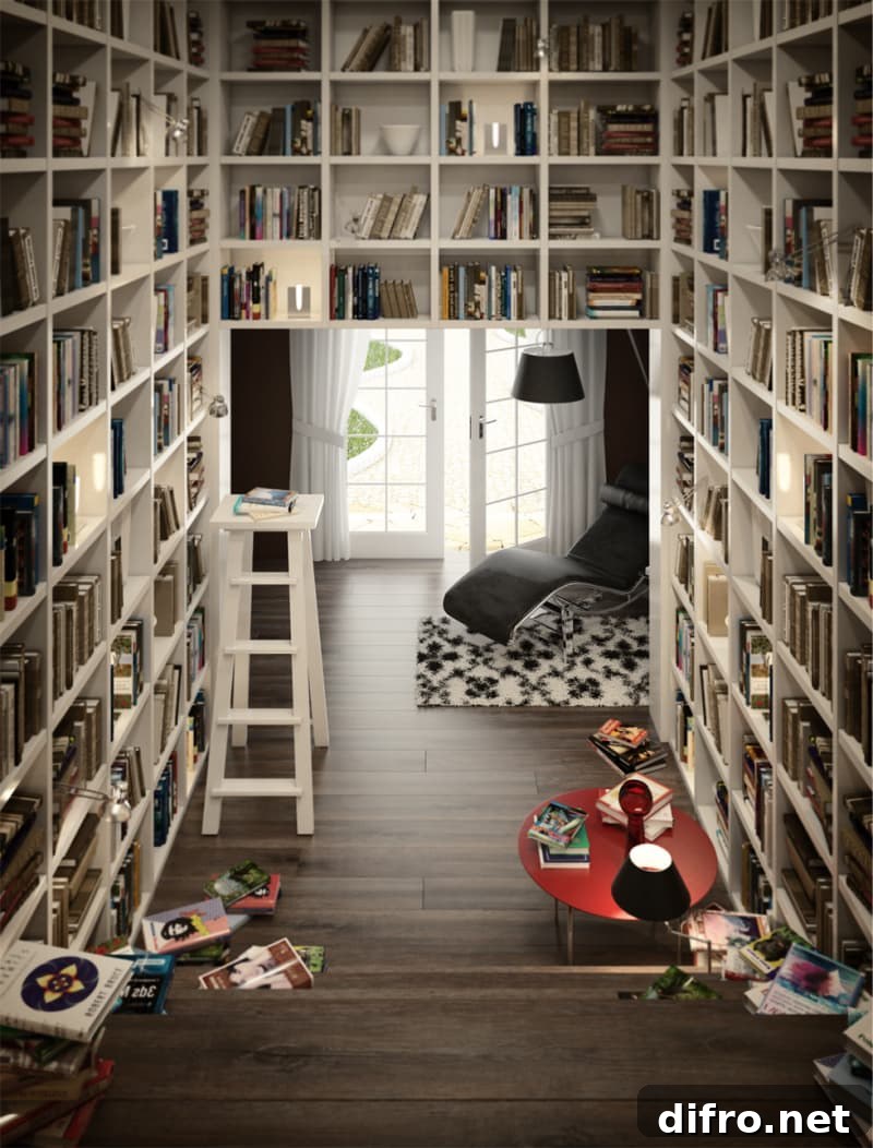 Spacious library with tall bookshelves and a comfortable chair.