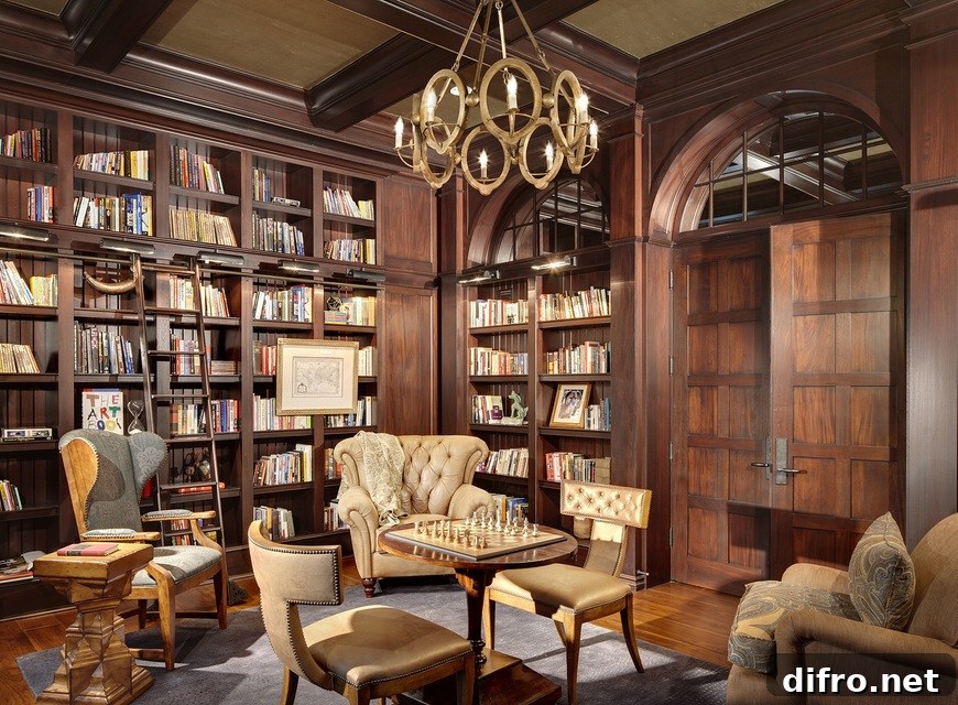A massive wooden bookcase stands tall with comfortable chairs around.