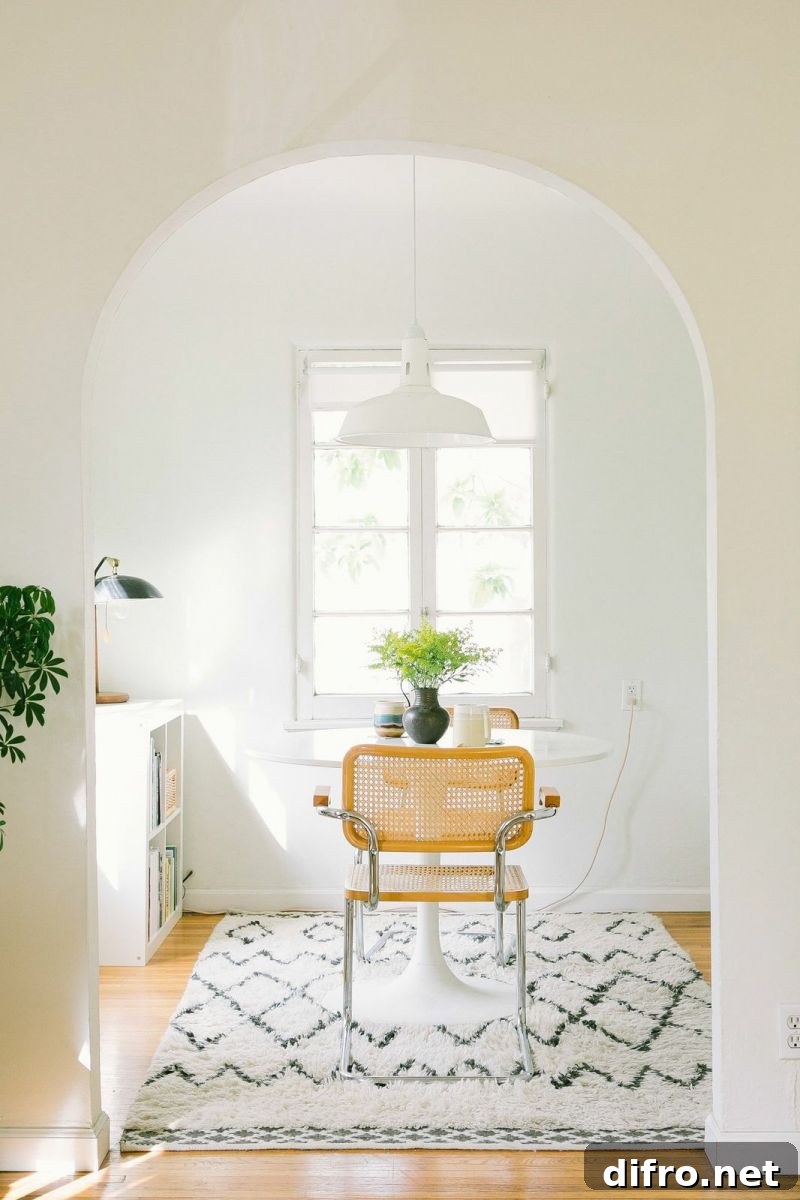 A room with white walls and a polished wooden floor. In the center, there is a simple table and a chair. The room appears clean and minimalistic.