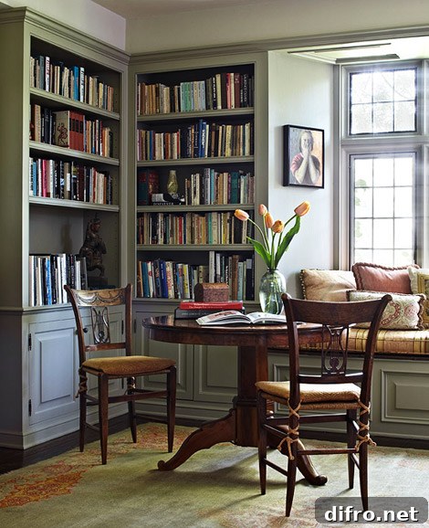 A cozy room with a wooden table and two chairs placed in front of a large window. The table is adorned with a vase of fresh flowers and books.
