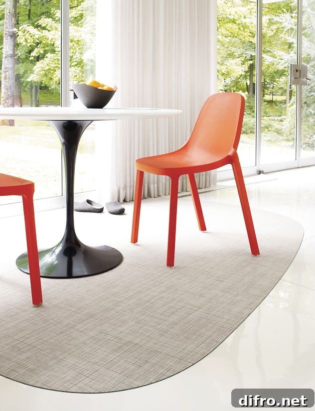 A minimalist white table is surrounded by two vibrant red chairs. The chairs' curved backs and sleek legs add a touch of modernity to the scene.