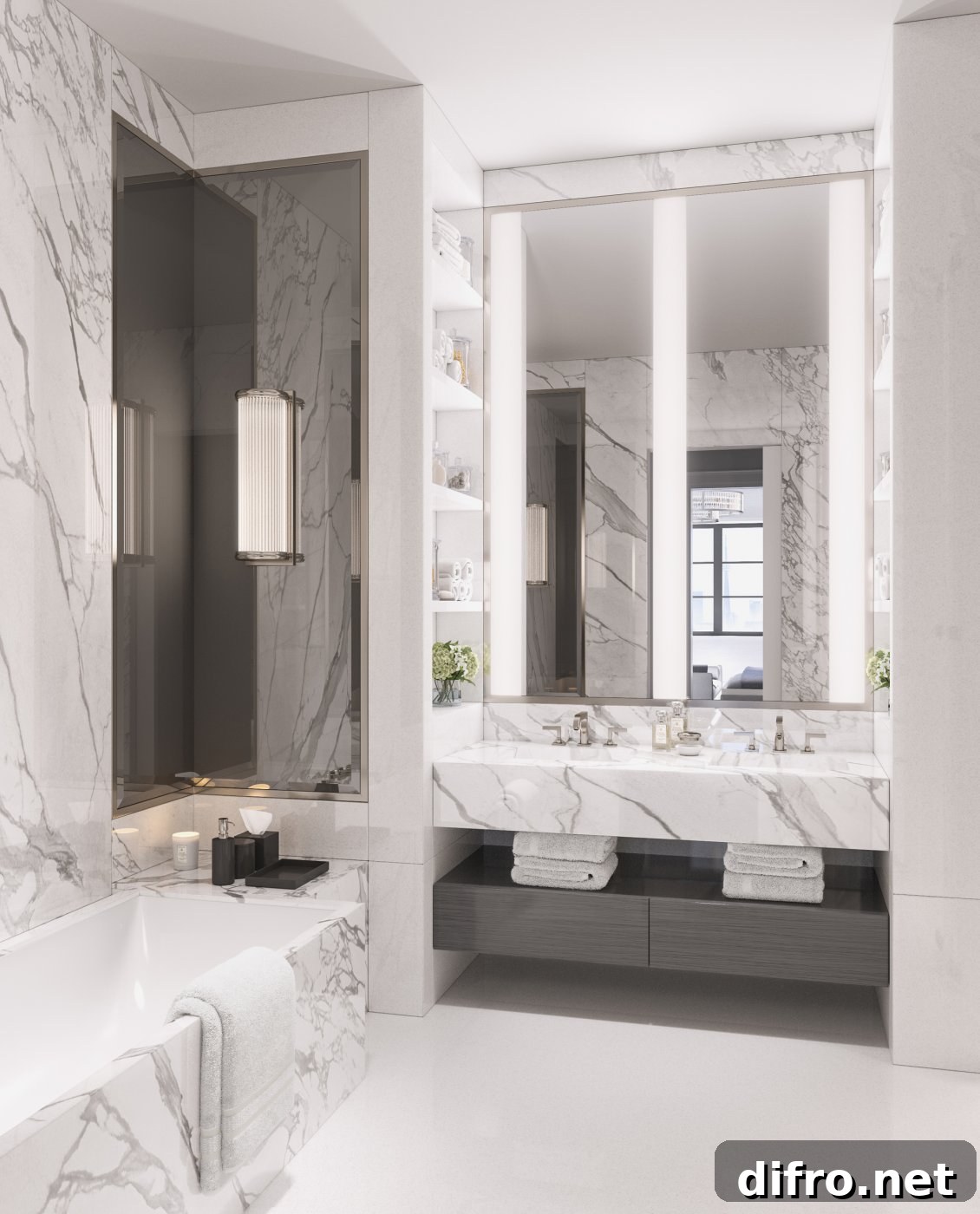 Marble bathroom with natural fixtures.