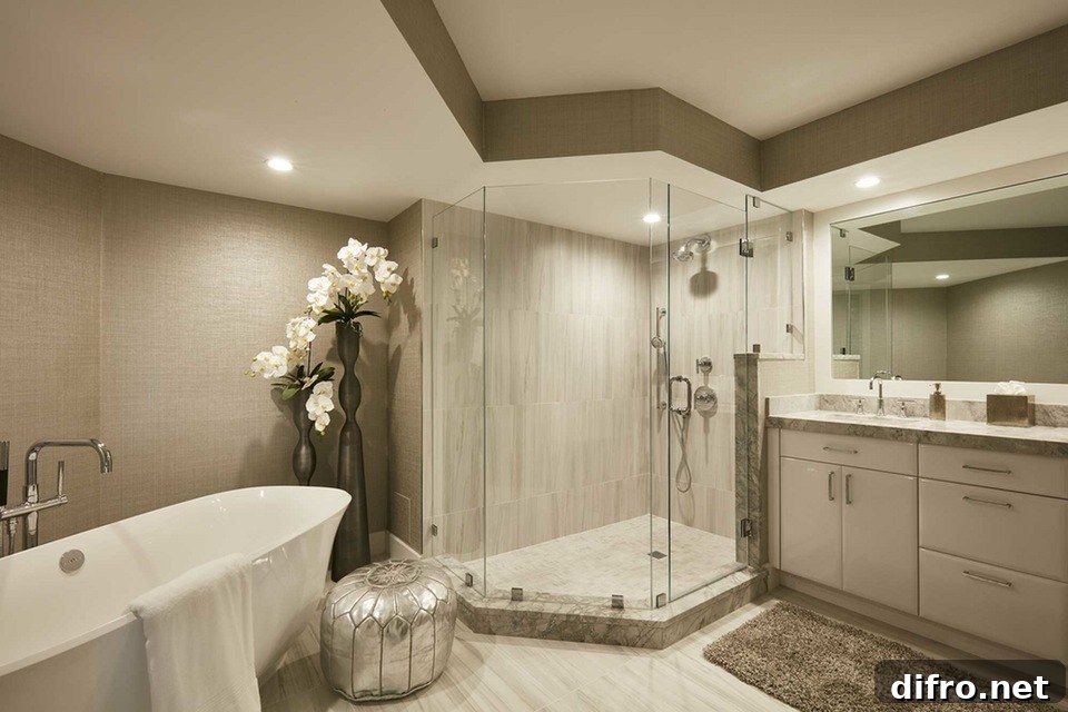 Bathroom with white tub and glass shower.