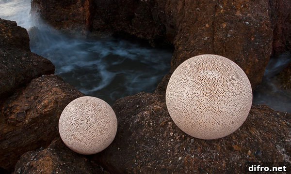 Sculptural shot of the Sponge lamp’s hole pattern
