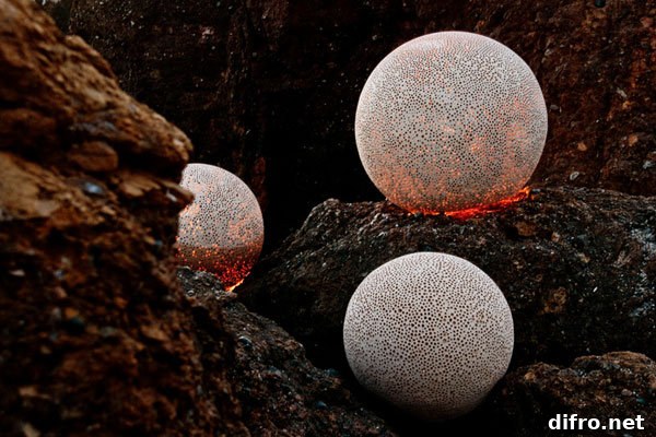Sponge lamps accentuating a patio area after dark