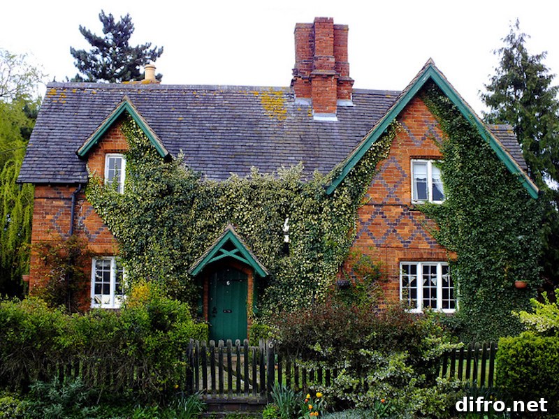 red brick house with ivy growing on the walls and features green trim.