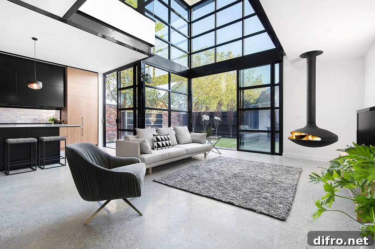 Contemporary living room with fireplace