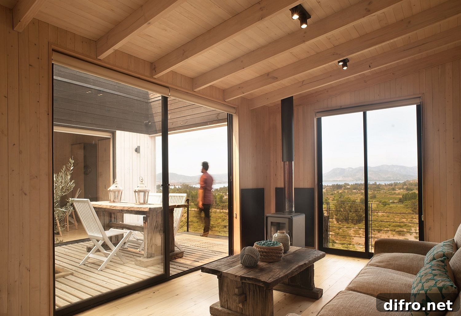 Folded roof creates a central shaded eave