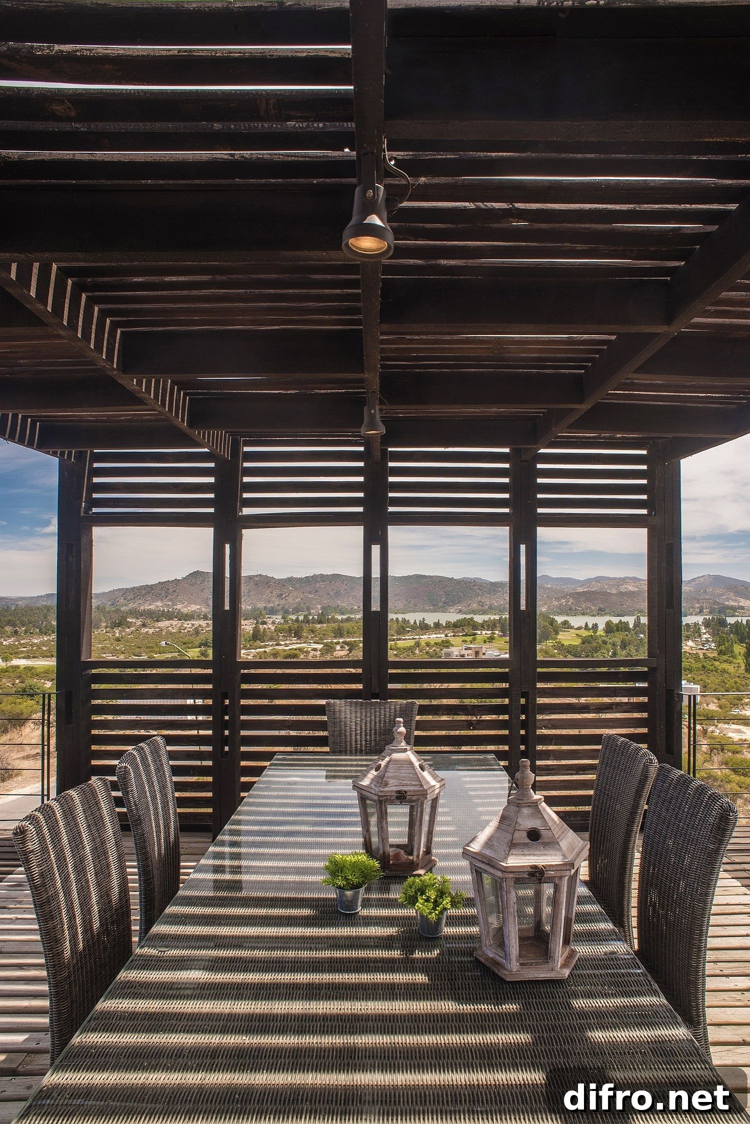 Wooden slats shade the outdoor dining area
