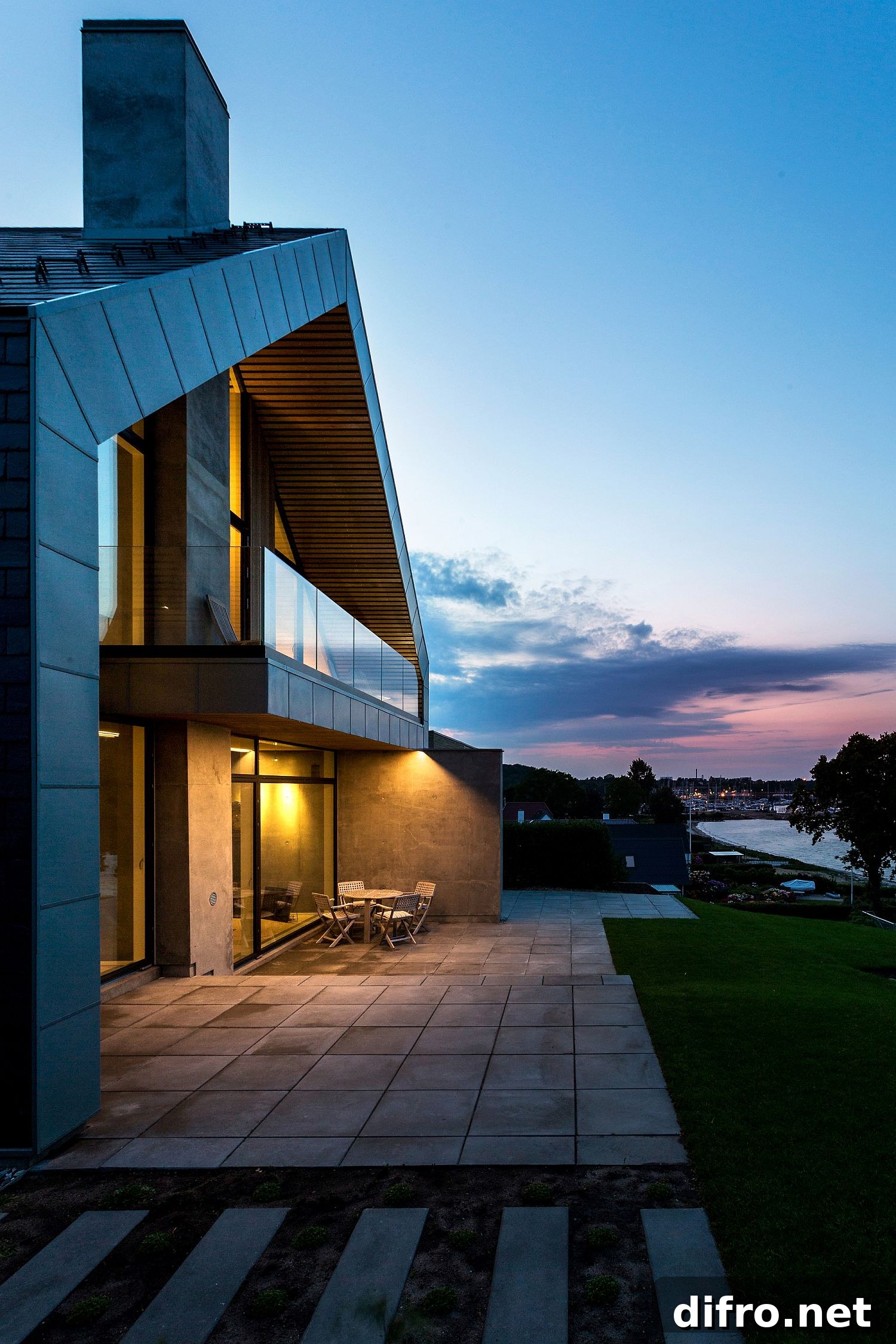 Ocean views framed by large glass windows at Villa P