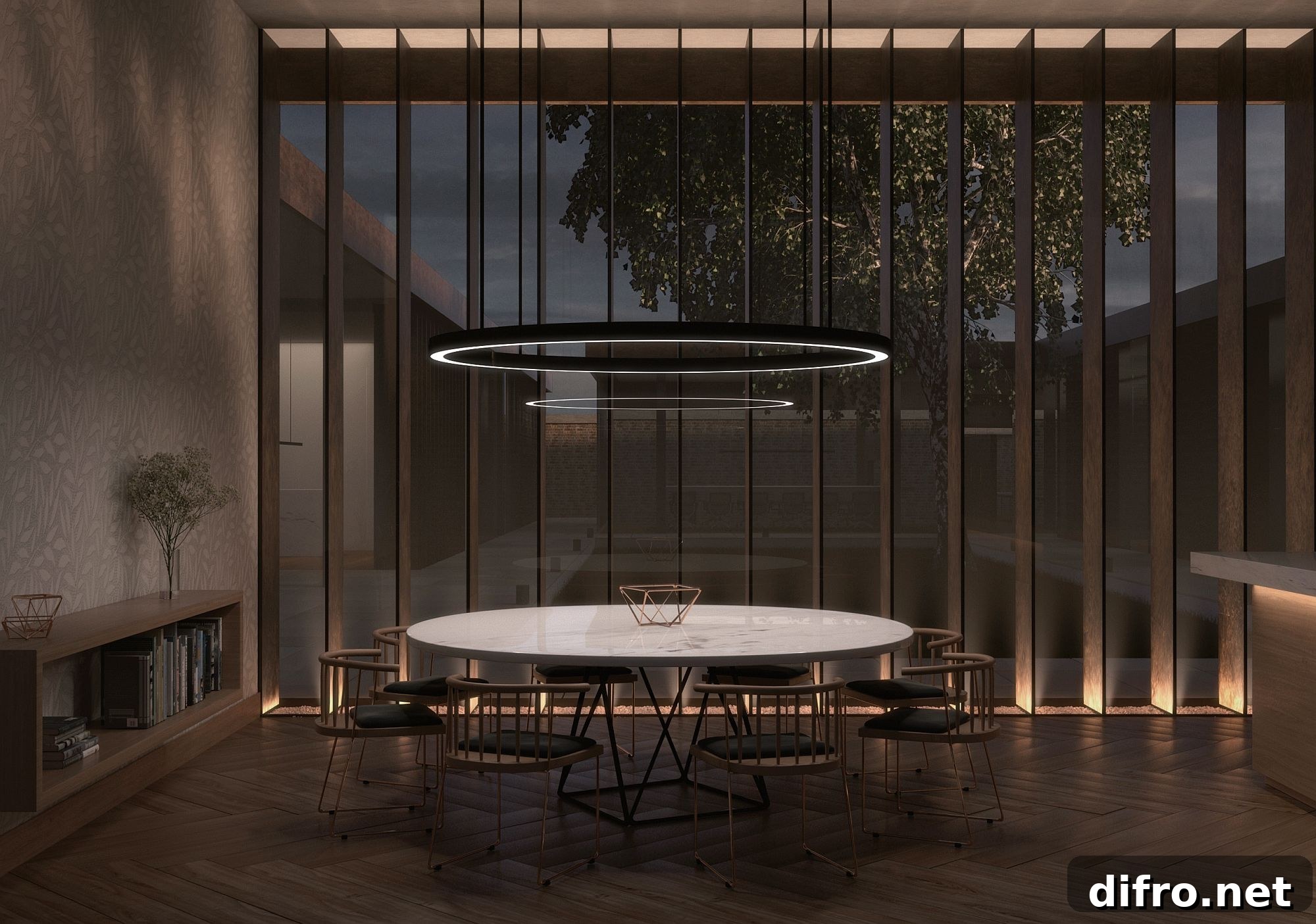 Office with glass, wooden slats and ceramic tiles