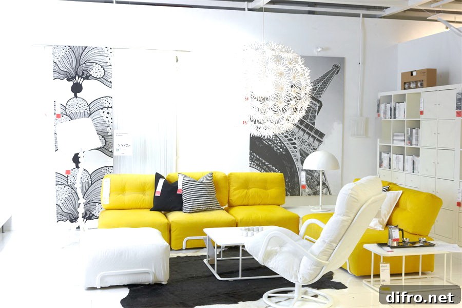 Contrast between yellow sofa and white background