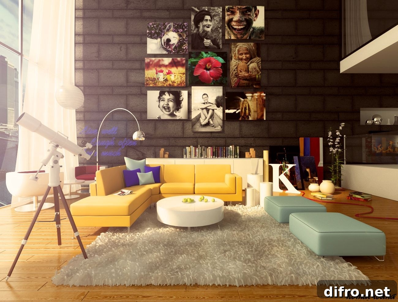 Yellow sofa adding cheerful character to a colorful room
