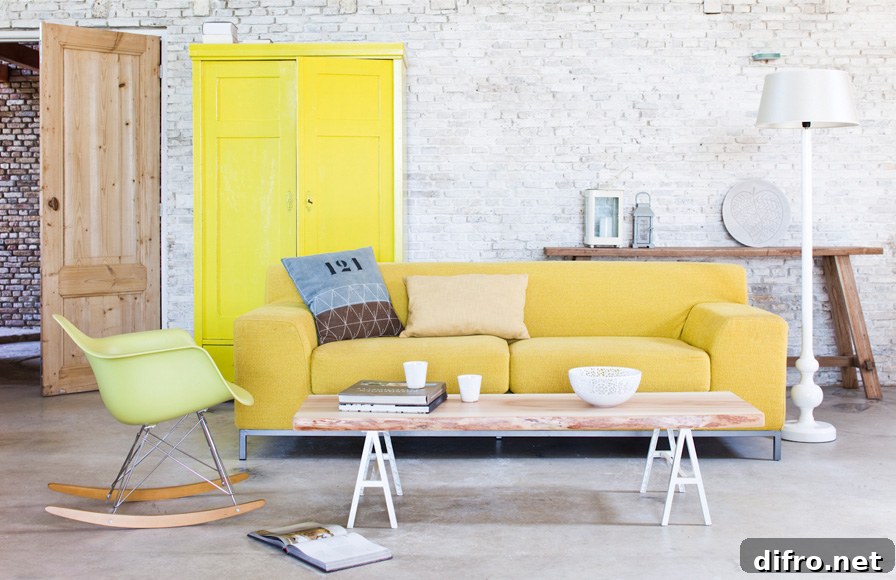 Yellow sofa adding consistency to multiple yellow shades