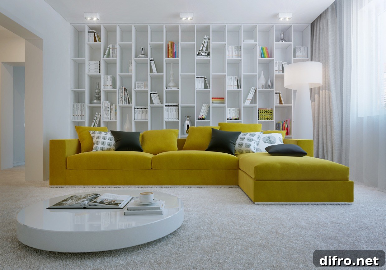 Giant yellow sofa in an all-white book corner