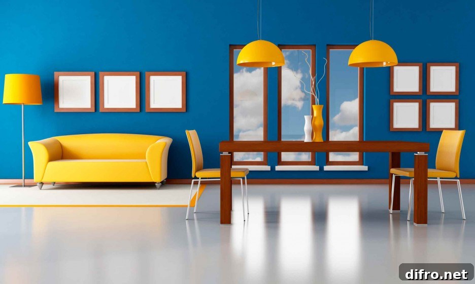 Balanced yellow-and-blue living room interior